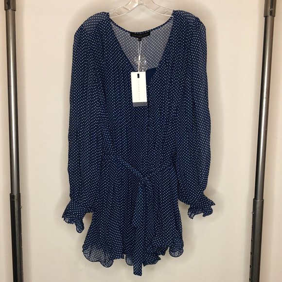 Endless Rose Pleated Polka Dot Short V Neck Balloon Sleeve Romper - Picture 1 of 4